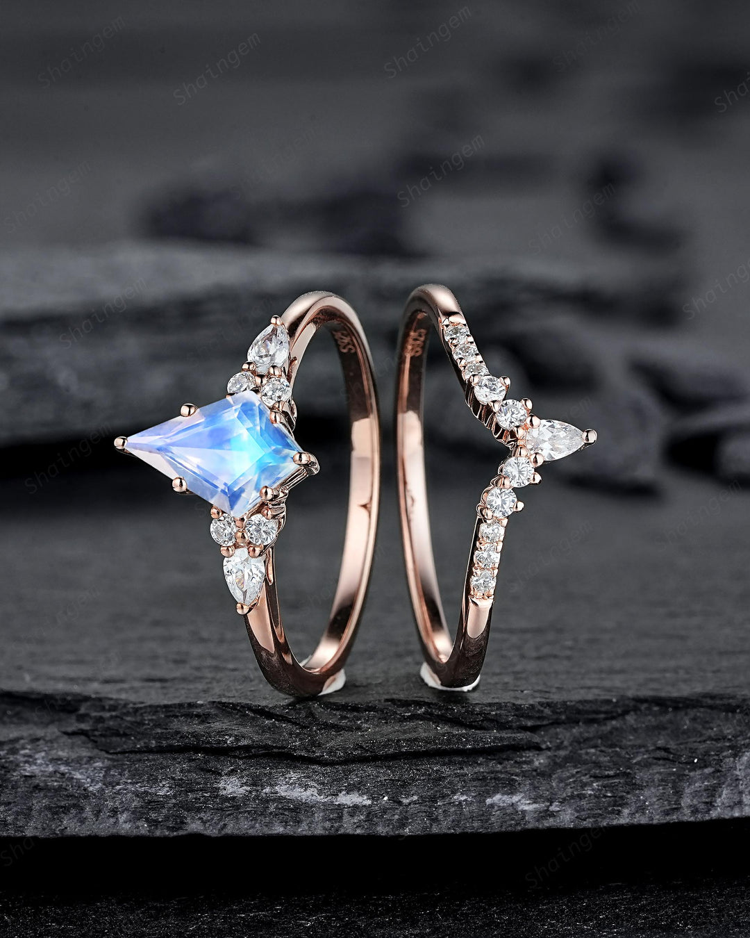 Vintage Kite Cut Moonstone Engagement Ring, Unique Rose Gold Chevron Wedding Set Promise Ring Natural Blue June Birthstone for Women Mom - ShainJewelry