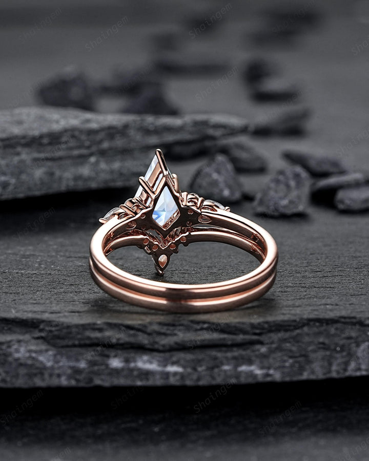 Vintage Kite Cut Moonstone Engagement Ring, Unique Rose Gold Chevron Wedding Set Promise Ring Natural Blue June Birthstone for Women Mom - ShainJewelry
