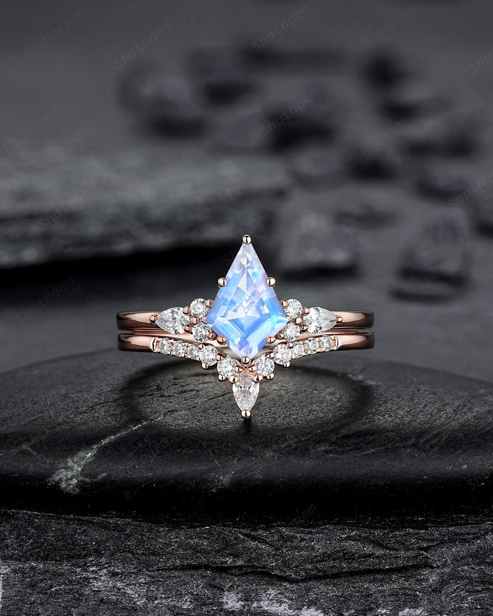 Vintage Kite Cut Moonstone Engagement Ring, Unique Rose Gold Chevron Wedding Set Promise Ring Natural Blue June Birthstone for Women Mom - ShainJewelry
