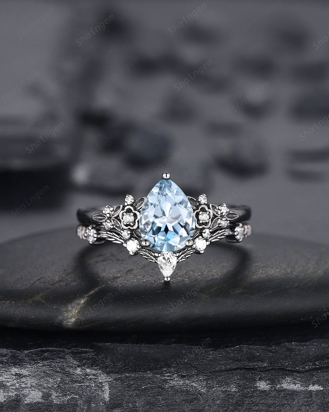 Gothic Black Gold Pear Cut Aquamarine Engagement Ring, Black Floral Promise Ring , Unique Black Rhodium Wedding Ring Bridal Set Gift for her - ShainJewelry