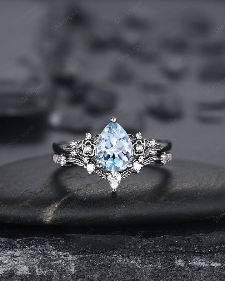 Gothic Black Gold Pear Cut Aquamarine Engagement Ring, Black Floral Promise Ring , Unique Black Rhodium Wedding Ring Bridal Set Gift for her - ShainJewelry
