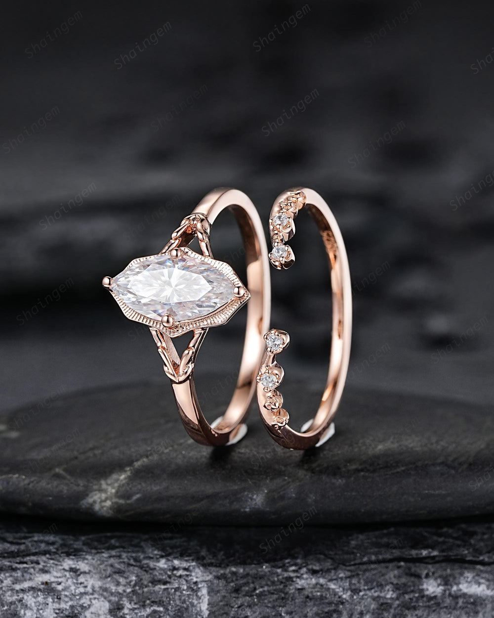 Unique Marquise Cut Moissanite Milgrain Engagement Ring Set, Vintage Split Shank Solitaire Wedding Ring, Nature Inspired Floral Promise Ring - ShainJewelry