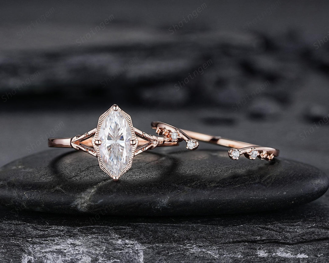 Unique Marquise Cut Moissanite Milgrain Engagement Ring Set, Vintage Split Shank Solitaire Wedding Ring, Nature Inspired Floral Promise Ring - ShainJewelry