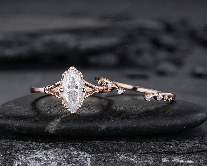 Unique Marquise Cut Moissanite Milgrain Engagement Ring Set, Vintage Split Shank Solitaire Wedding Ring, Nature Inspired Floral Promise Ring - ShainJewelry