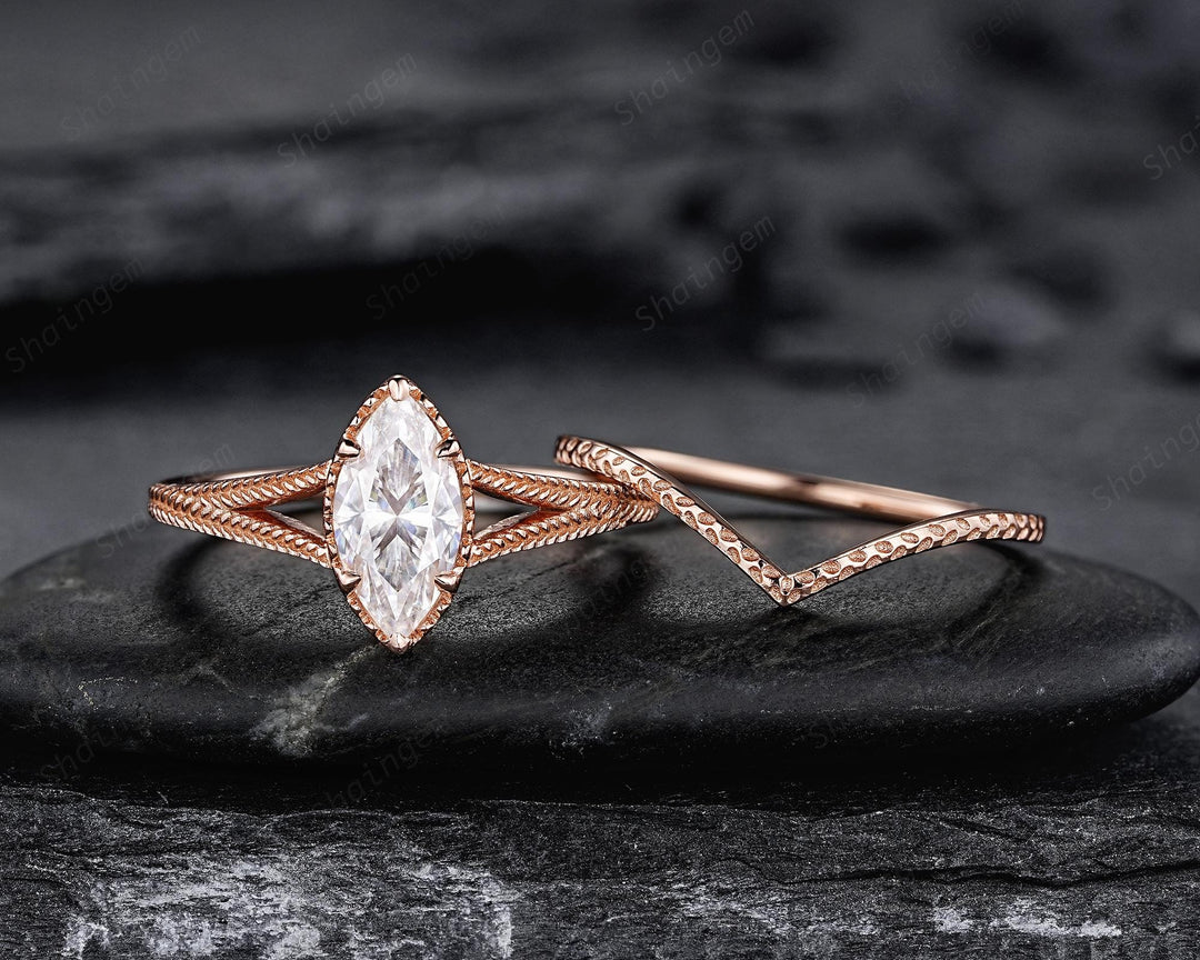 Vintage Marquise Cut Moissanite Milgrain Engagement Ring Set, Unique Split Shank Solitaire Wedding Ring, Art Deco Promise Ring for Women - ShainJewelry