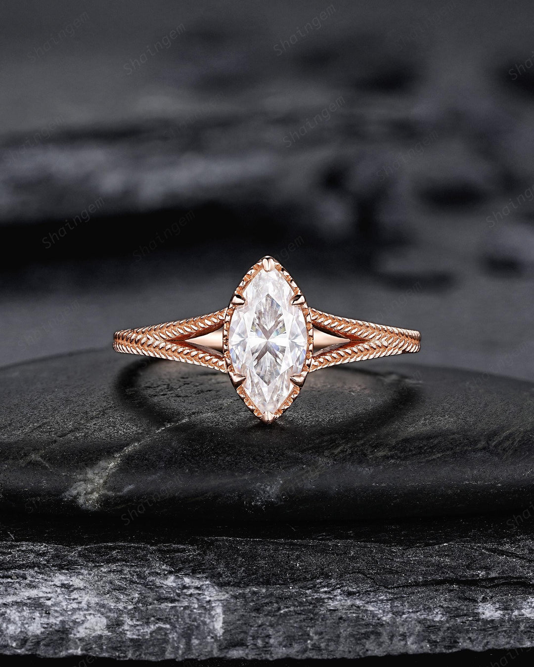 Vintage Marquise Cut Moissanite Milgrain Engagement Ring Set, Unique Split Shank Solitaire Wedding Ring, Art Deco Promise Ring for Women - ShainJewelry
