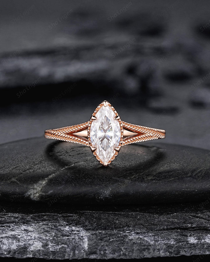 Vintage Marquise Cut Moissanite Milgrain Engagement Ring Set, Unique Split Shank Solitaire Wedding Ring, Art Deco Promise Ring for Women - ShainJewelry