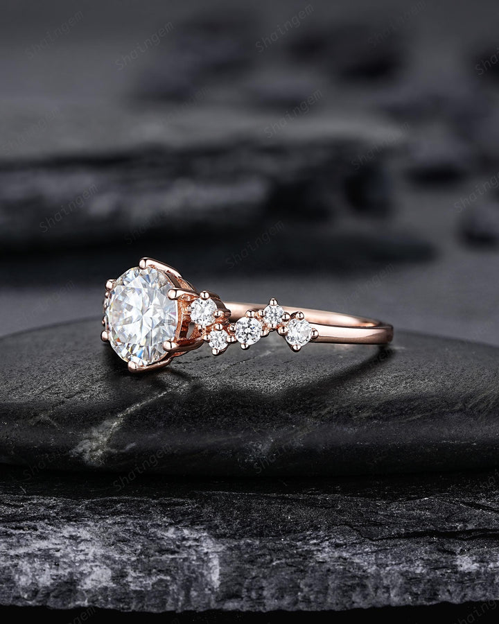 Unique Round Shape Moissanite Cluster Engagement Ring, Vintage Rose Gold Diamond Promise Ring Six Prongs Wedding Anniversary Gift For Women - ShainJewelry