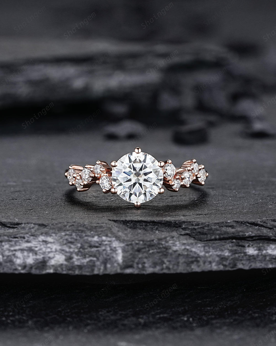 Unique Round Shape Moissanite Cluster Engagement Ring, Vintage Rose Gold Diamond Promise Ring Six Prongs Wedding Anniversary Gift For Women - ShainJewelry