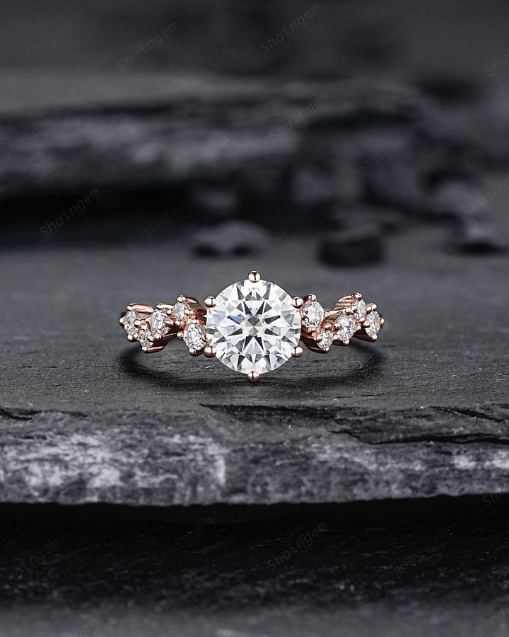 Unique Round Shape Moissanite Cluster Engagement Ring, Vintage Rose Gold Diamond Promise Ring Six Prongs Wedding Anniversary Gift For Women - ShainJewelry