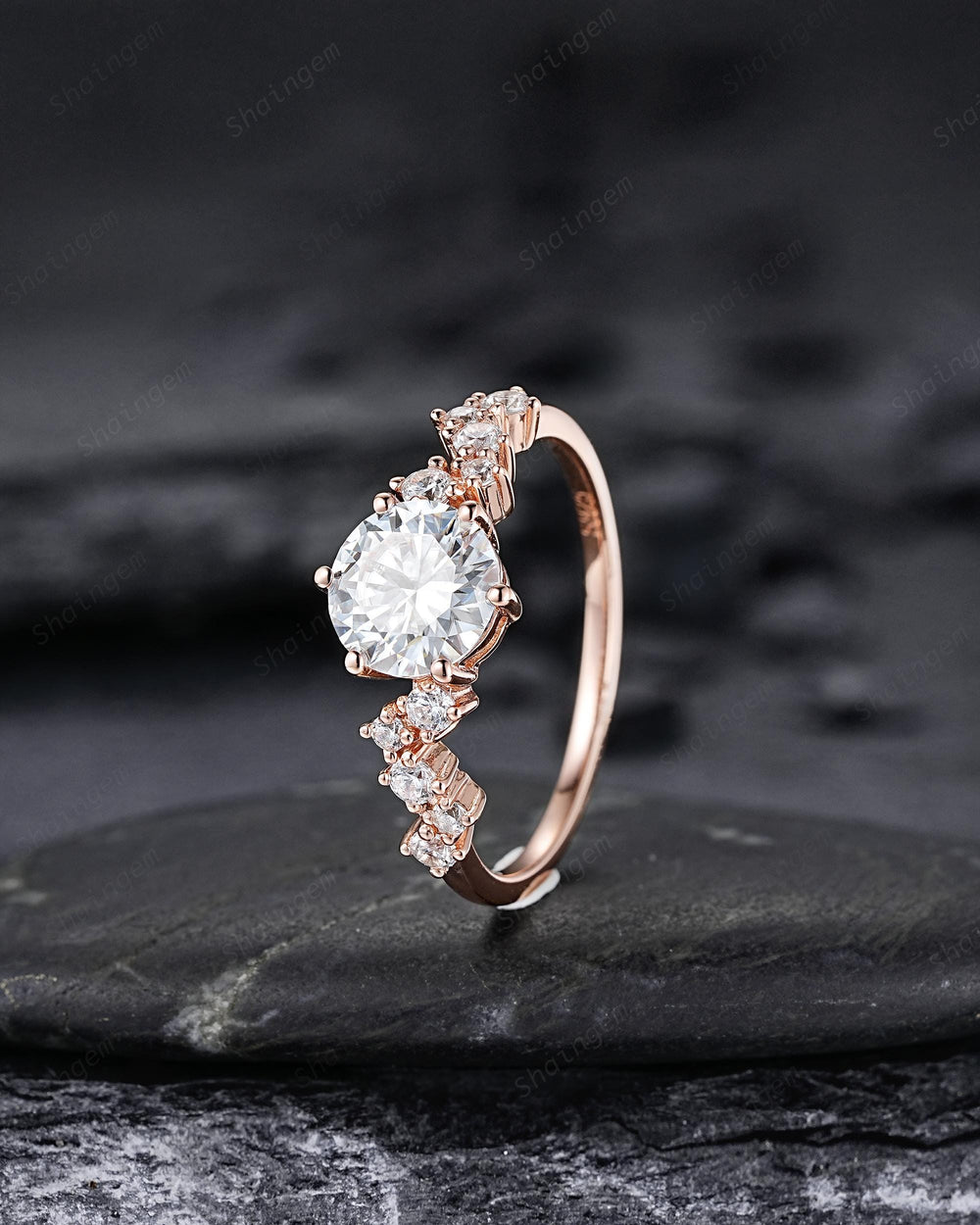 Unique Round Shape Moissanite Cluster Engagement Ring, Vintage Rose Gold Diamond Promise Ring Six Prongs Wedding Anniversary Gift For Women - ShainJewelry