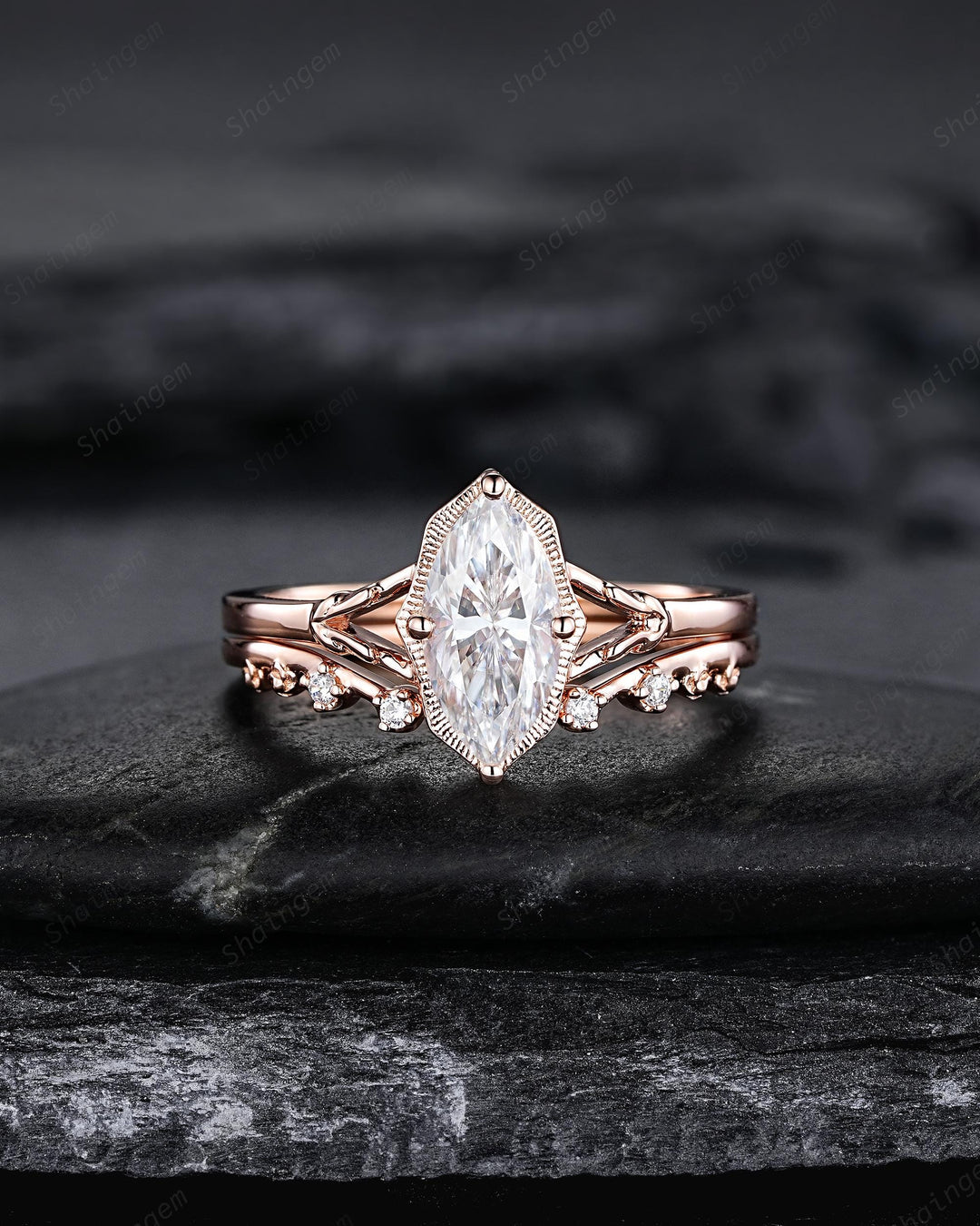 Unique Marquise Cut Moissanite Milgrain Engagement Ring Set, Vintage Split Shank Solitaire Wedding Ring, Nature Inspired Floral Promise Ring - ShainJewelry