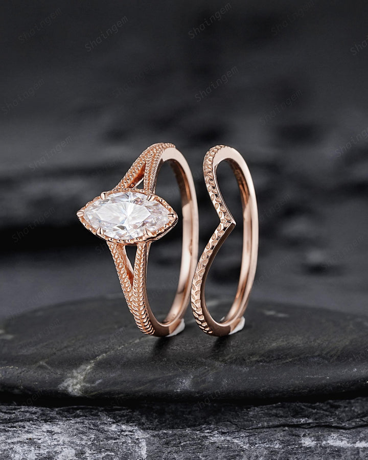Vintage Marquise Cut Moissanite Milgrain Engagement Ring Set, Unique Split Shank Solitaire Wedding Ring, Art Deco Promise Ring for Women - ShainJewelry