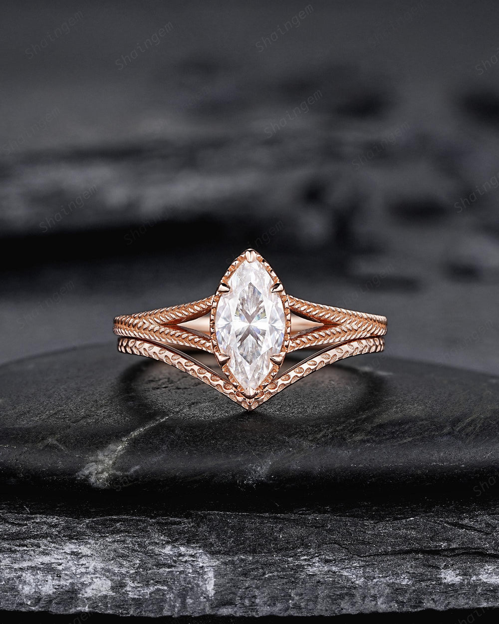 Vintage Marquise Cut Moissanite Milgrain Engagement Ring Set, Unique Split Shank Solitaire Wedding Ring, Art Deco Promise Ring for Women - ShainJewelry