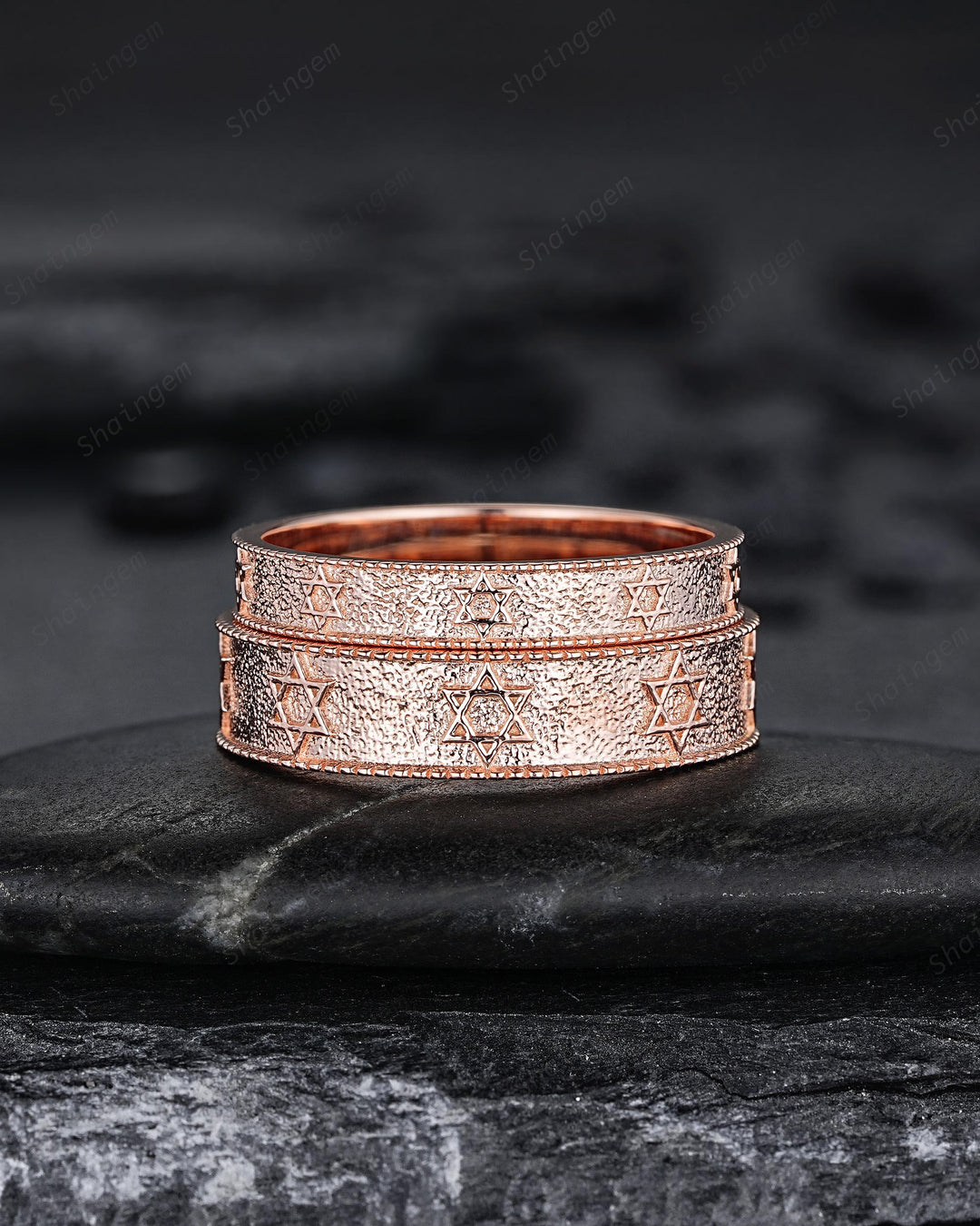 Unique His and Hers Star of David Full Eternity Couple Ring Set, Milgrain Rose Gold Wedding Band, Matching Band Engagement Promise Ring - ShainJewelry