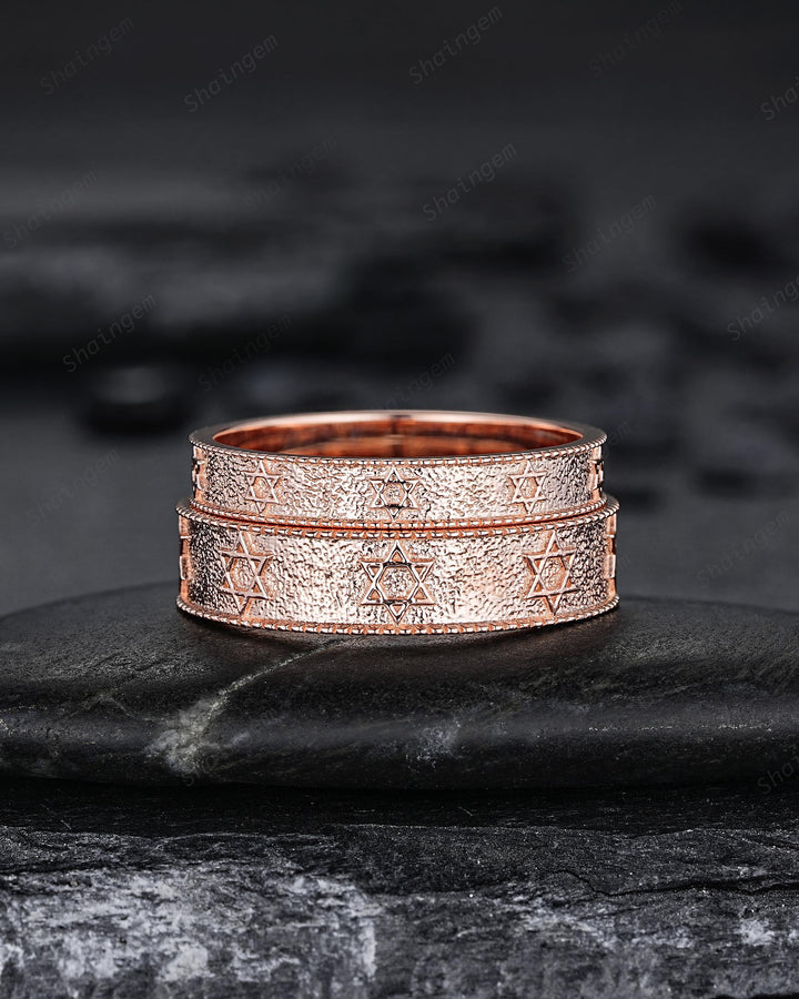 Unique His and Hers Star of David Full Eternity Couple Ring Set, Milgrain Rose Gold Wedding Band, Matching Band Engagement Promise Ring - ShainJewelry