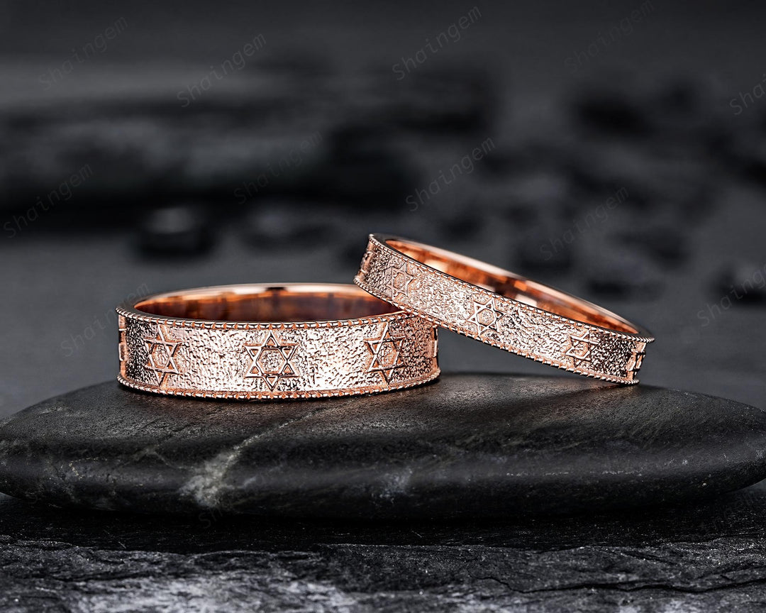 Unique His and Hers Star of David Full Eternity Couple Ring Set, Milgrain Rose Gold Wedding Band, Matching Band Engagement Promise Ring - ShainJewelry