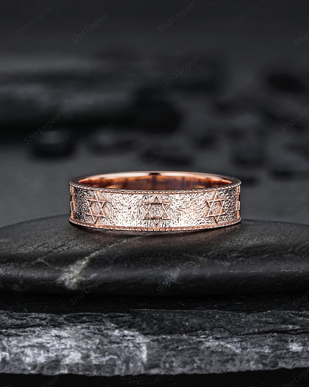 Unique His and Hers Star of David Full Eternity Couple Ring Set, Milgrain Rose Gold Wedding Band, Matching Band Engagement Promise Ring - ShainJewelry