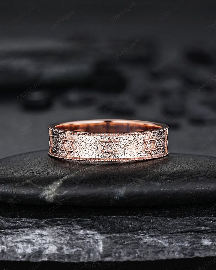 Unique His and Hers Star of David Full Eternity Couple Ring Set, Milgrain Rose Gold Wedding Band, Matching Band Engagement Promise Ring - ShainJewelry