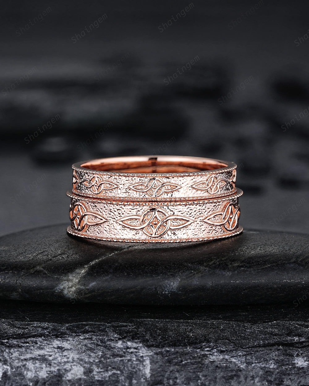 Unique Celtic Knot His and Hers Full Eternity Couple Ring Set, Milgrain Serch Knot Rose Gold Wedding Matching Band Engagement Promise Ring - ShainJewelry