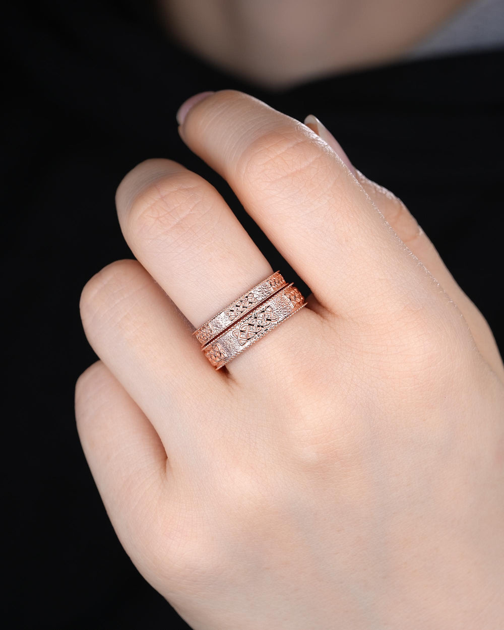Unique Celtic Knot His and Hers Full Eternity Couple Ring Set, Milgrain Sailor Knot Rose Gold Wedding Matching Band Engagement Promise Ring - ShainJewelry