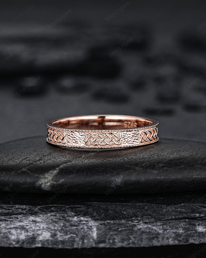 Unique Celtic Knot His and Hers Full Eternity Couple Ring Set, Milgrain Sailor Knot Rose Gold Wedding Matching Band Engagement Promise Ring - ShainJewelry