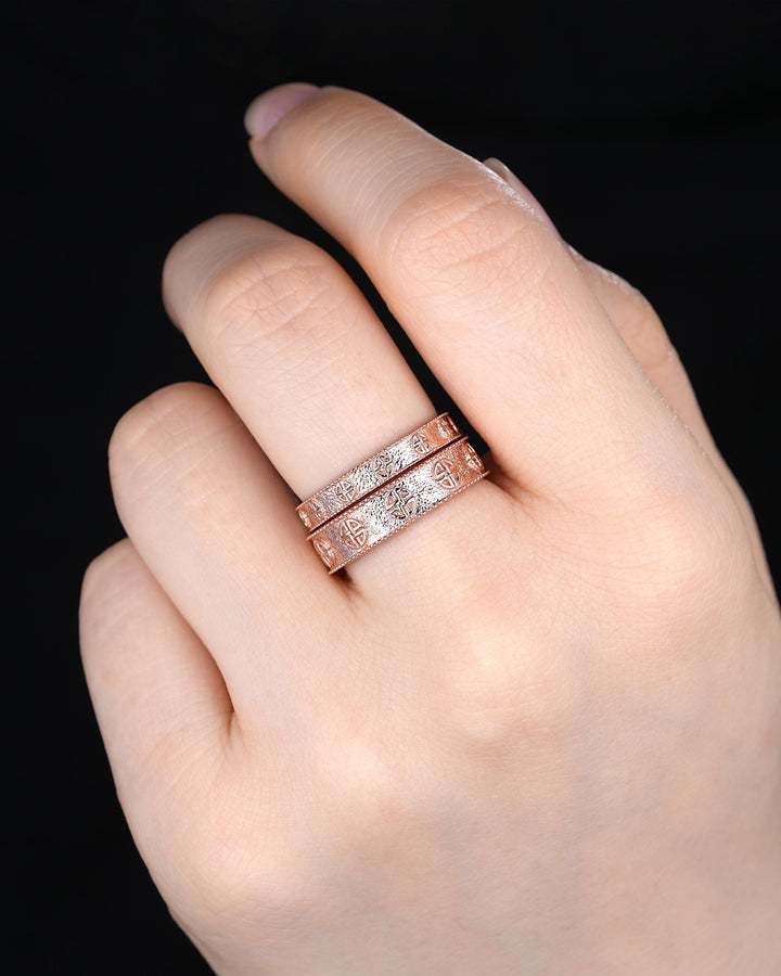 Unique Shield Celtic Knot His and Hers Full Eternity Couple Ring Set, Milgrain Rose Gold Wedding Matching Band Engagement Promise Ring Gift - ShainJewelry