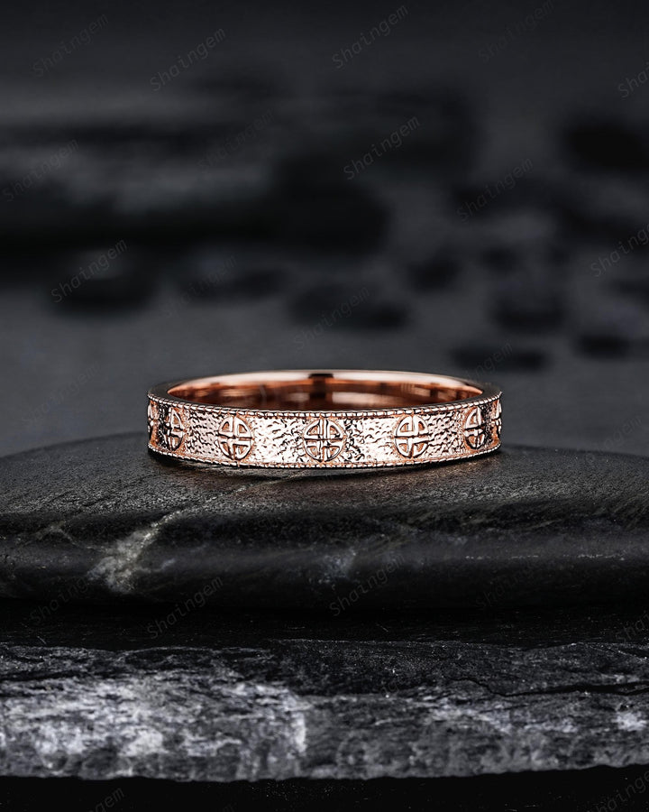 Unique Shield Celtic Knot His and Hers Full Eternity Couple Ring Set, Milgrain Rose Gold Wedding Matching Band Engagement Promise Ring Gift - ShainJewelry