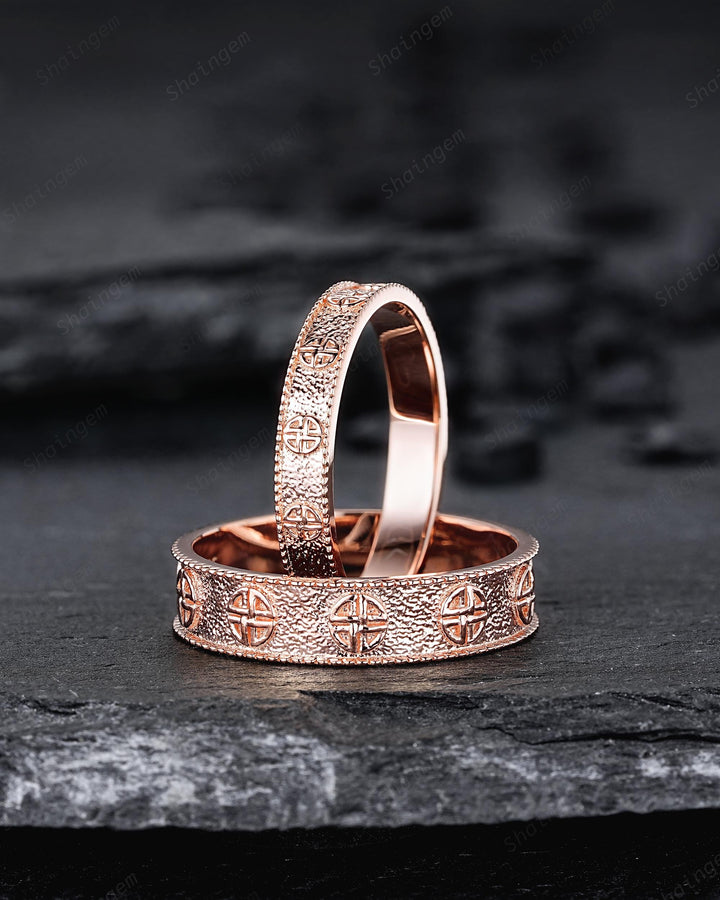 Unique Shield Celtic Knot His and Hers Full Eternity Couple Ring Set, Milgrain Rose Gold Wedding Matching Band Engagement Promise Ring Gift - ShainJewelry