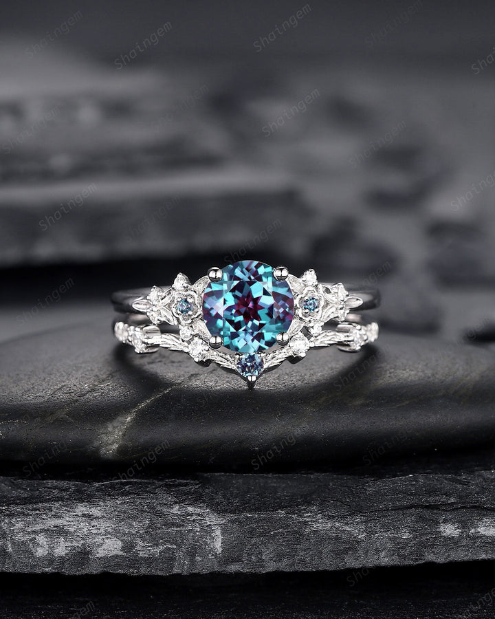 Platinum Round Shape Alexandrite Engagement Ring Set, White Gold Floral Alexandrite Promise Ring, Nature Inspired Bridal Set Gift For Women - ShainJewelry