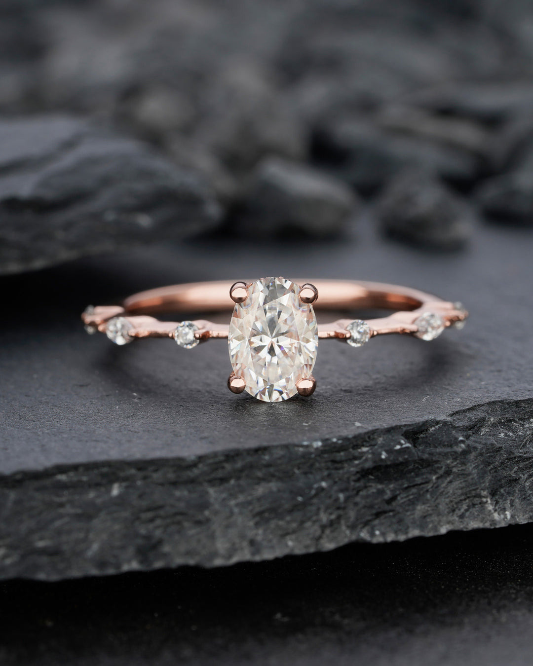Vintage Oval Moissanite Engagement Ring, 14K Rose Gold Hidden Halo Moissanite Wedding Ring, Unique Colorless Moissanite Promise Ring for her - ShainJewelry