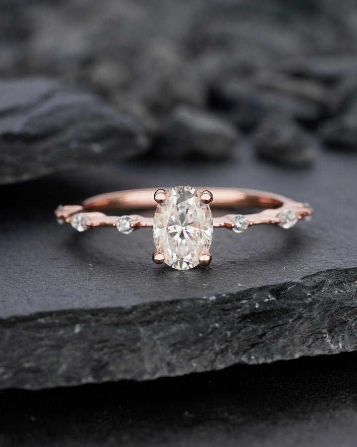 Vintage Oval Moissanite Engagement Ring, 14K Rose Gold Hidden Halo Moissanite Wedding Ring, Unique Colorless Moissanite Promise Ring for her - ShainJewelry