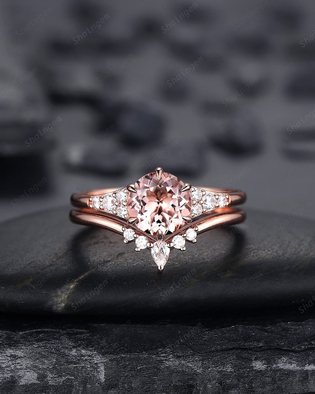 Vintage Round Shape Pink Morganite Engagement Ring Set, Unique 14K Rose Gold Morganite Bridal Set, Art Deco Promise Wedding Anniversary Ring - ShainJewelry