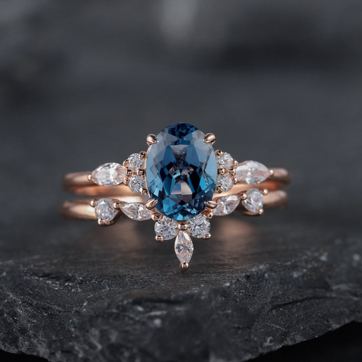 Vintage Oval Shape London Blue Topaz and Moissanite Engagement Ring, Unique Rose Gold Wedding Ring Bridal Set, Promise Ring Gift for Women - ShainJewelry