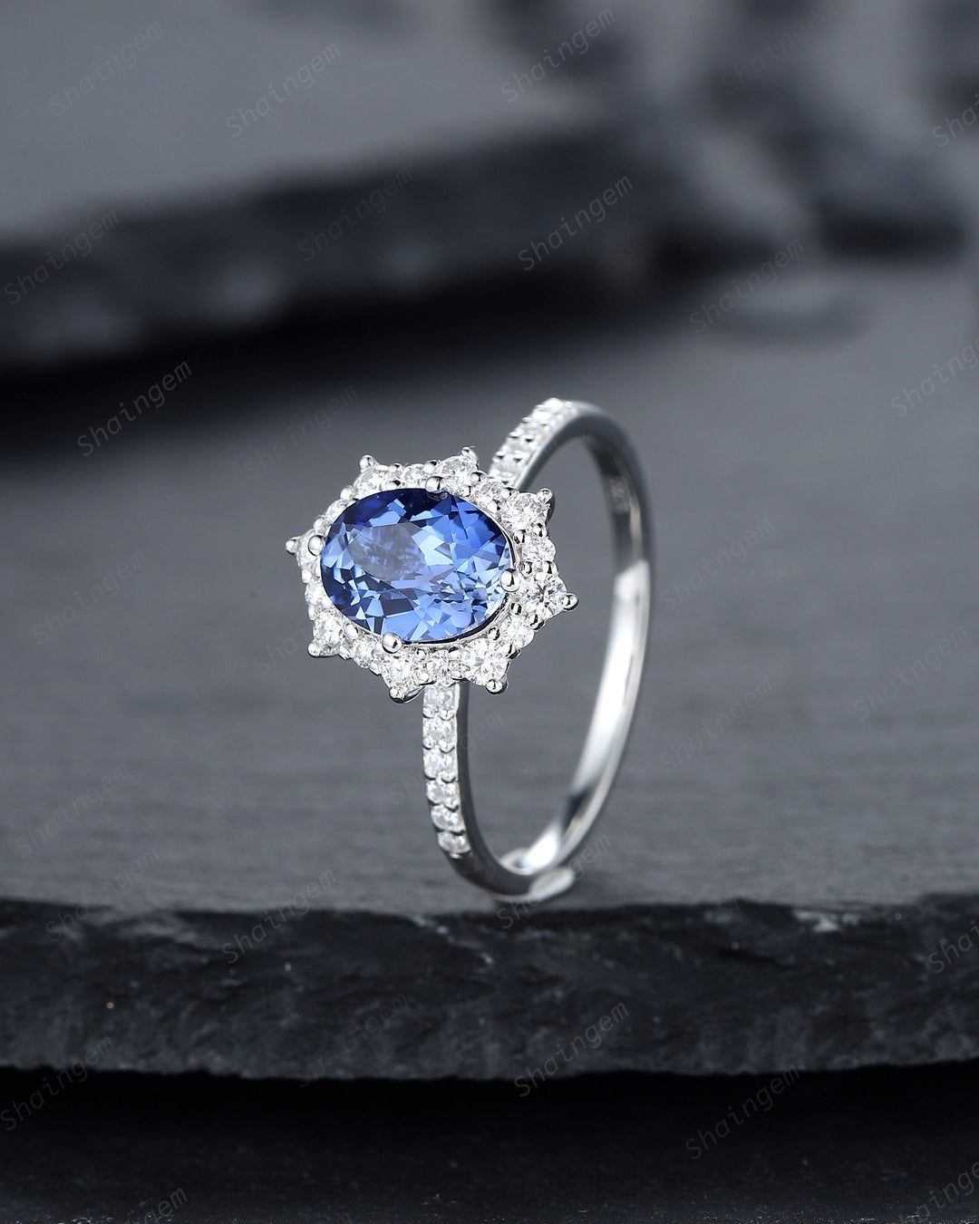 Vintage Oval Cornflower Blue Sapphire Halo Engagement Ring , Unique Blue Sapphire Rose Gold Promise Ring, Sapphire Anniversary Wedding Ring - ShainJewelry