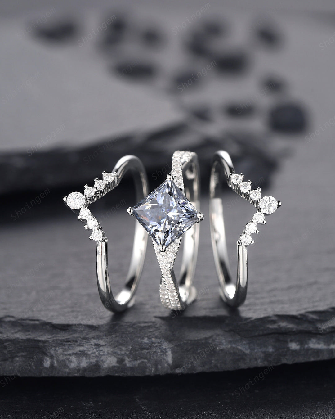 3PCS Princess Cut Gray Moissanite Engagement Ring, Art Deco Platinum Grey Moissanite Wedding Set White Gold Promise Ring Gift for Mom Women - ShainJewelry