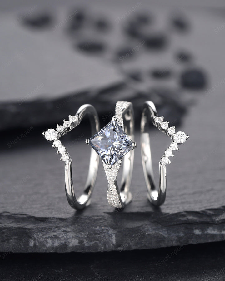 3PCS Princess Cut Gray Moissanite Engagement Ring, Art Deco Platinum Grey Moissanite Wedding Set White Gold Promise Ring Gift for Mom Women - ShainJewelry
