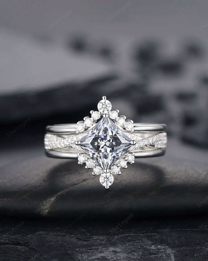 3PCS Princess Cut Gray Moissanite Engagement Ring, Art Deco Platinum Grey Moissanite Wedding Set White Gold Promise Ring Gift for Mom Women - ShainJewelry