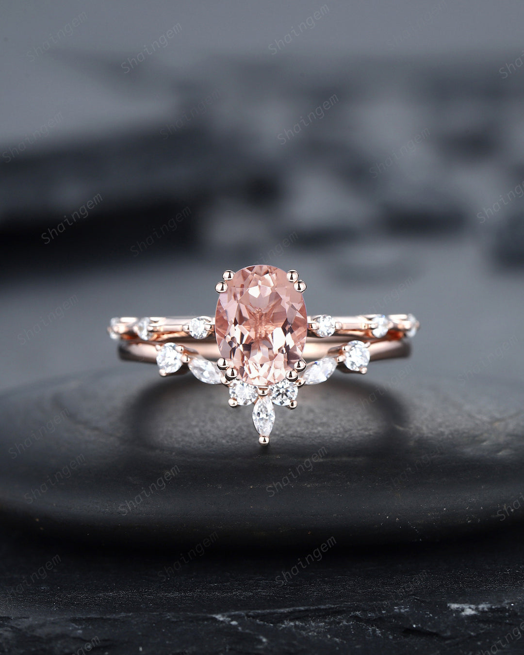 Vintage Oval Cut Pink Morganite Engagement Ring Set, Unique Pink Morganite Promise Ring, Morganite Hidden Halo Bridal Set Wedding Ring Gift - ShainJewelry