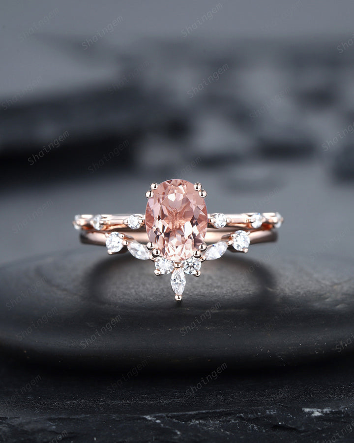 Vintage Oval Cut Pink Morganite Engagement Ring Set, Unique Pink Morganite Promise Ring, Morganite Hidden Halo Bridal Set Wedding Ring Gift - ShainJewelry