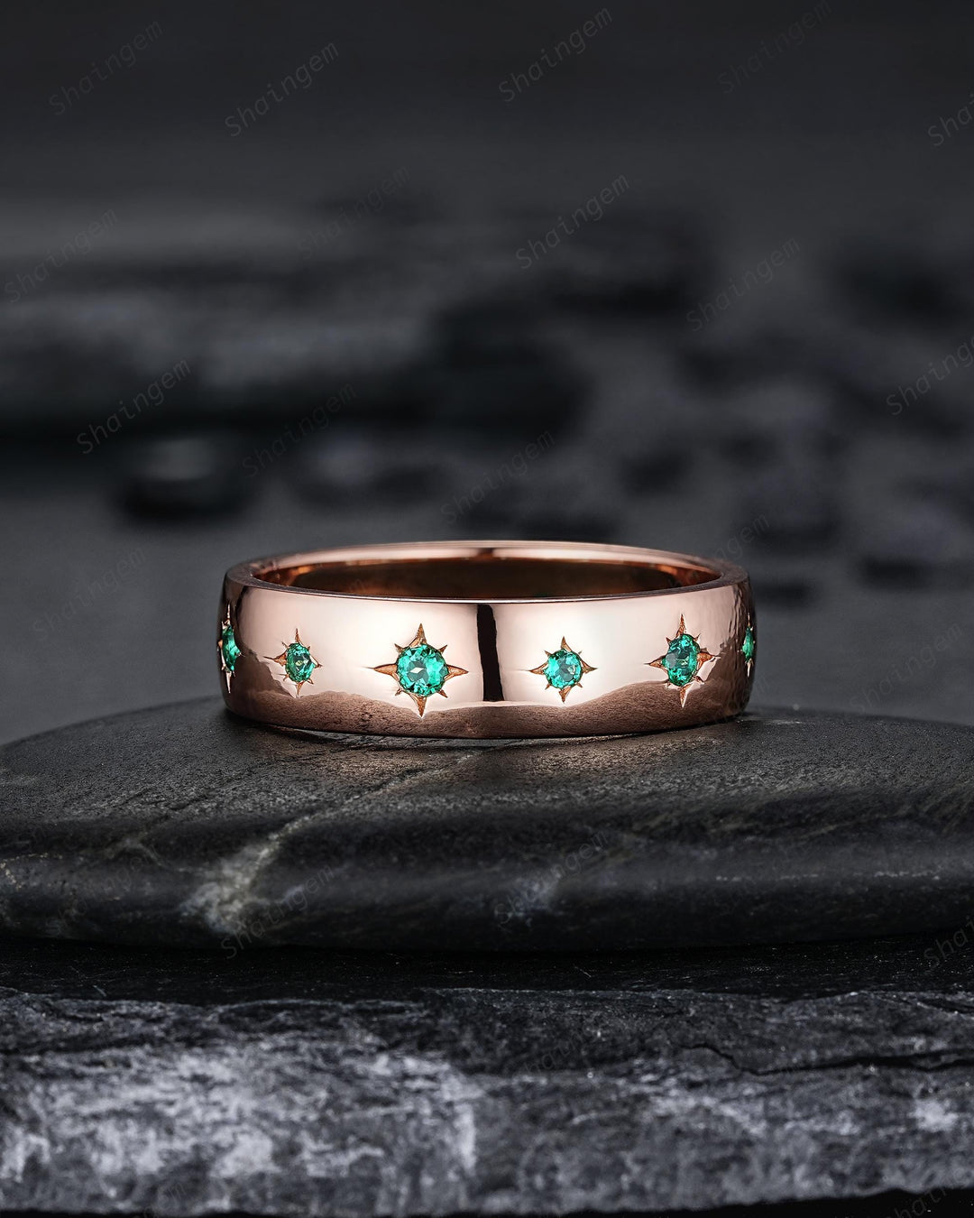 Full Eternity Emerald Couple Promise Ring Rose Gold Galaxy Star Engagement Ring Set May Birthstone His and Hers Wedding Band for Man & Woman - ShainJewelry