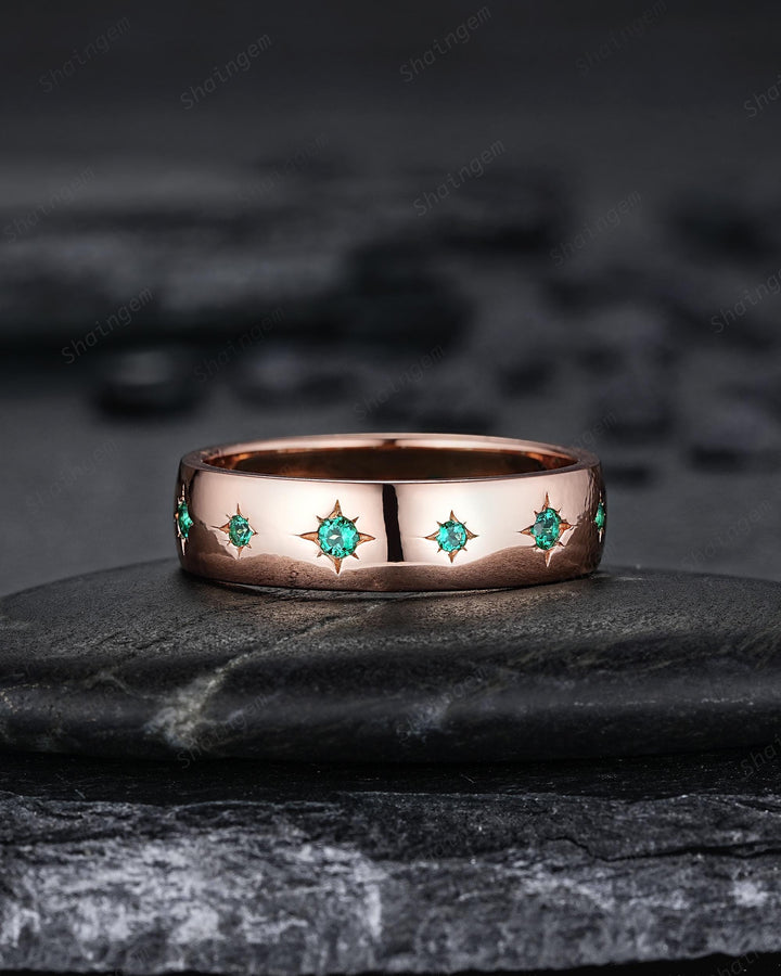 Full Eternity Emerald Couple Promise Ring Rose Gold Galaxy Star Engagement Ring Set May Birthstone His and Hers Wedding Band for Man & Woman - ShainJewelry