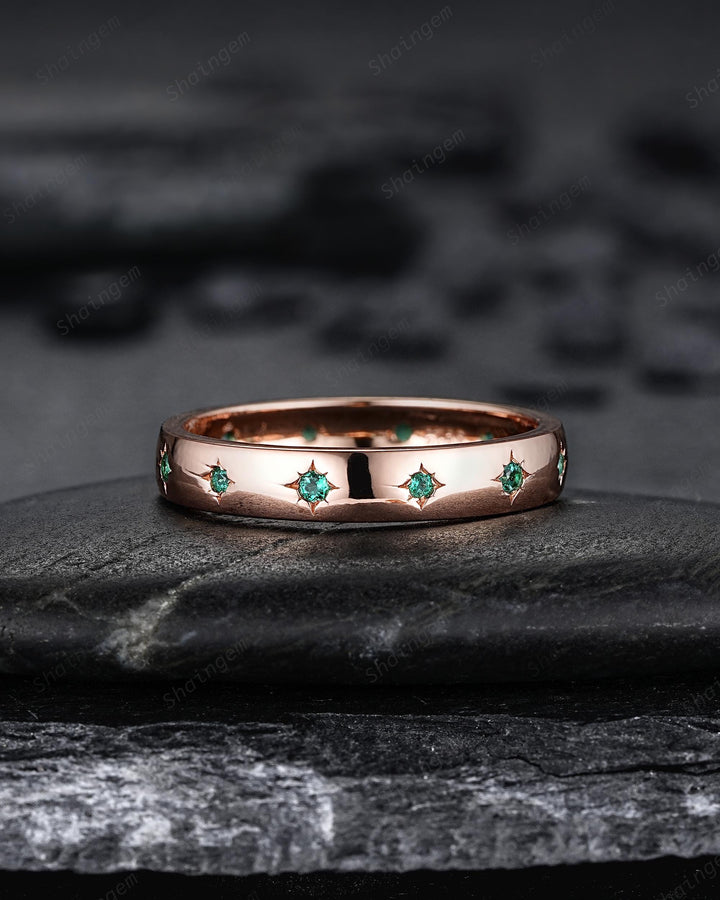 Full Eternity Emerald Couple Promise Ring Rose Gold Galaxy Star Engagement Ring Set May Birthstone His and Hers Wedding Band for Man & Woman - ShainJewelry