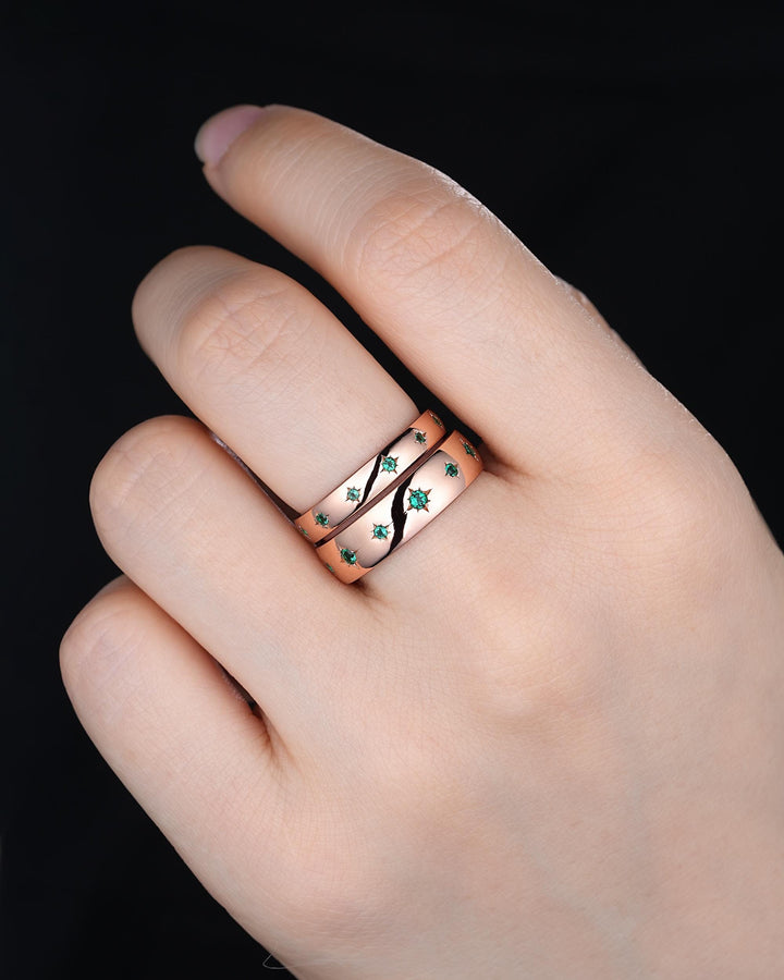 Full Eternity Emerald Couple Promise Ring Rose Gold Galaxy Star Engagement Ring Set May Birthstone His and Hers Wedding Band for Man & Woman - ShainJewelry