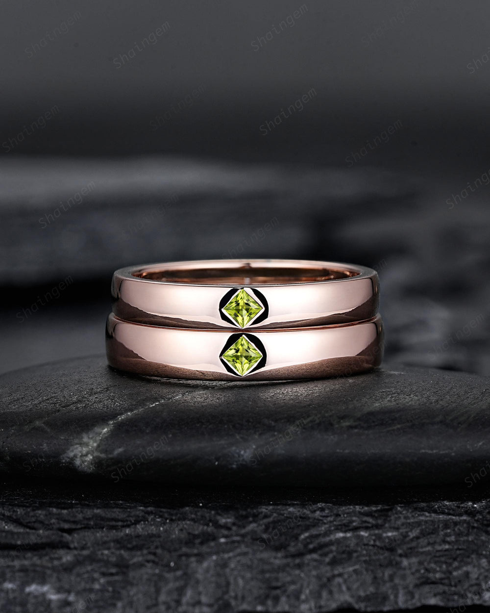 Princess Cut Peridot Couple Ring Set Rose Gold His and Hers Wedding Bands, Natural Peridot Engagement Ring For Women And Men Promise Ring - ShainJewelry