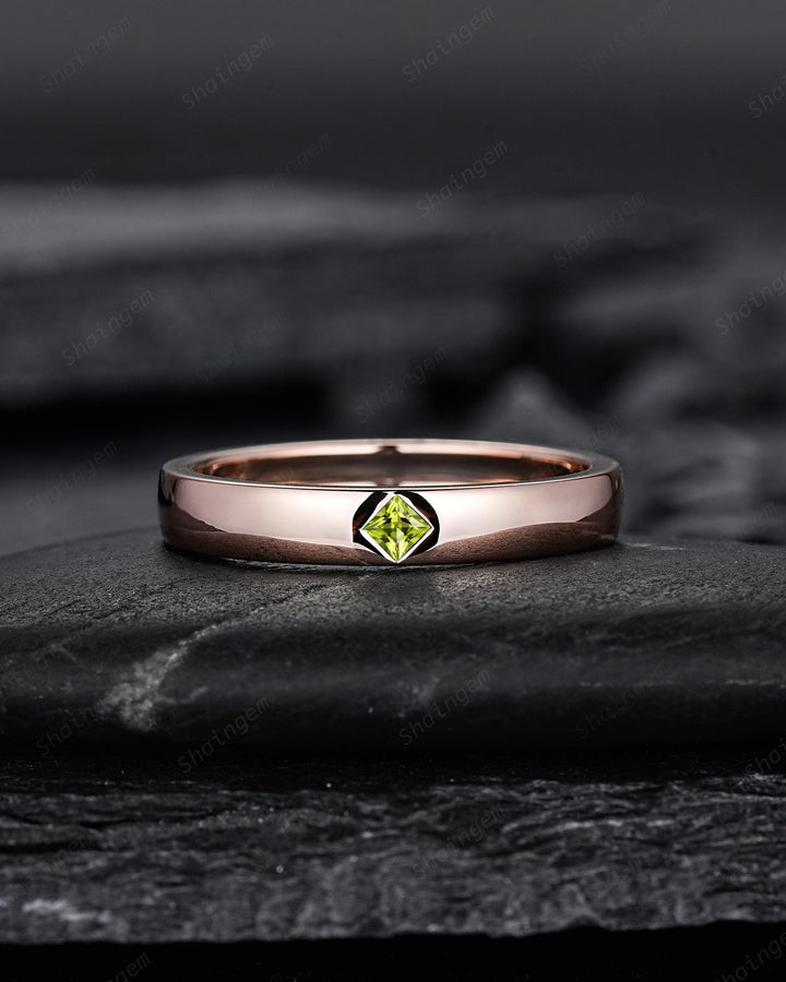 Princess Cut Peridot Couple Ring Set Rose Gold His and Hers Wedding Bands, Natural Peridot Engagement Ring For Women And Men Promise Ring - ShainJewelry
