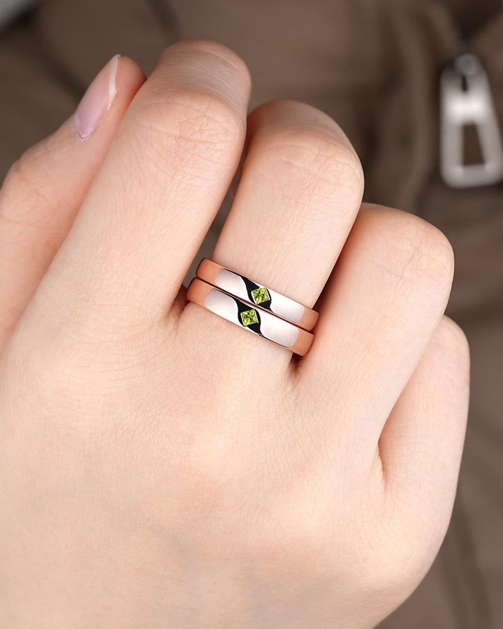 Princess Cut Peridot Couple Ring Set Rose Gold His and Hers Wedding Bands, Natural Peridot Engagement Ring For Women And Men Promise Ring - ShainJewelry