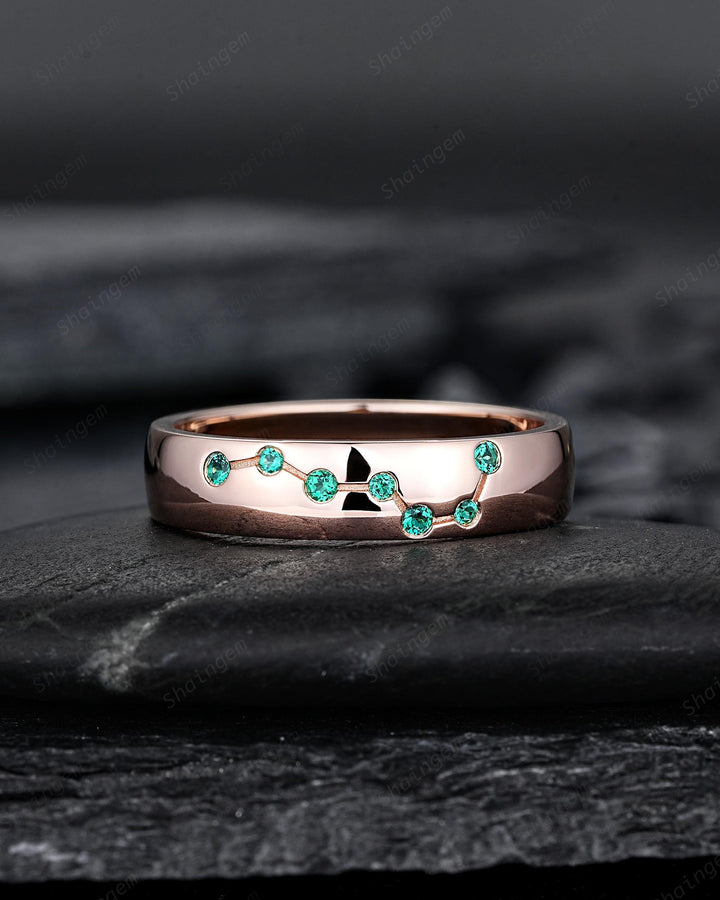 Big Dipper Emerald Couple Promise Ring Rose Gold Galaxy Star Engagement Ring Set May Birthstone His and Hers Wedding Band for Man & Woman - ShainJewelry