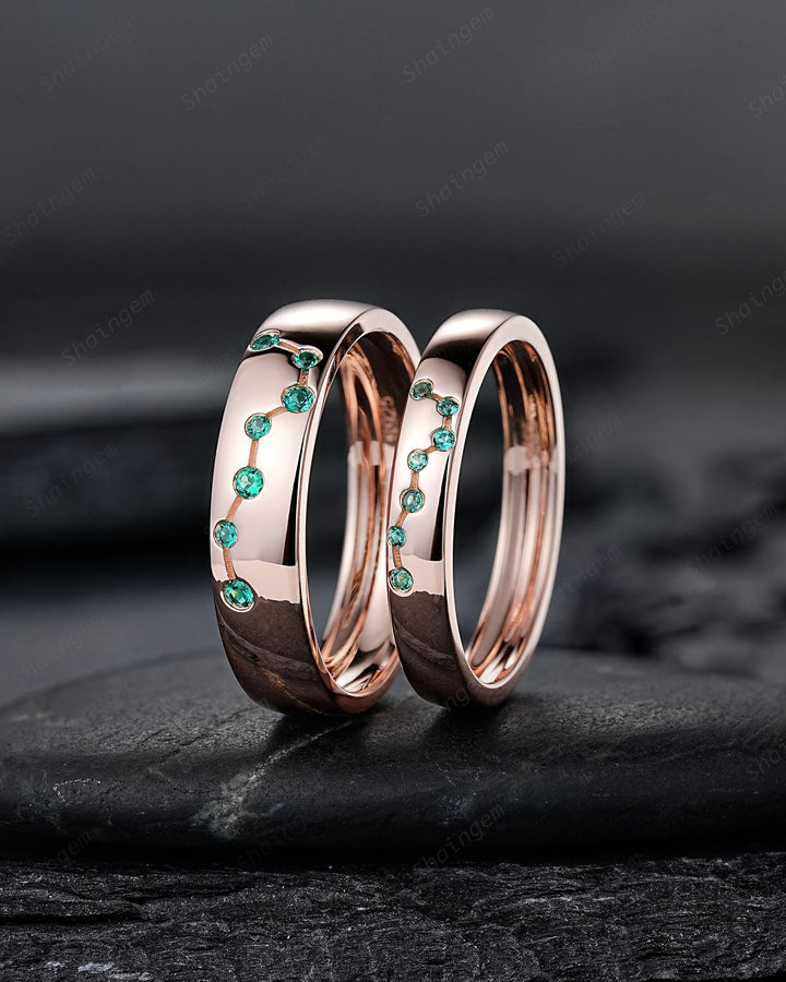 Big Dipper Emerald Couple Promise Ring Rose Gold Galaxy Star Engagement Ring Set May Birthstone His and Hers Wedding Band for Man & Woman - ShainJewelry