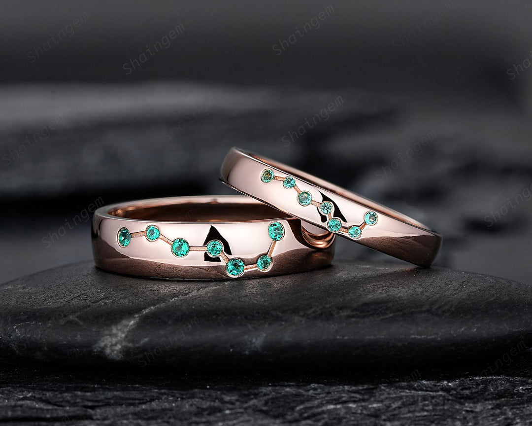 Big Dipper Emerald Couple Promise Ring Rose Gold Galaxy Star Engagement Ring Set May Birthstone His and Hers Wedding Band for Man & Woman - ShainJewelry